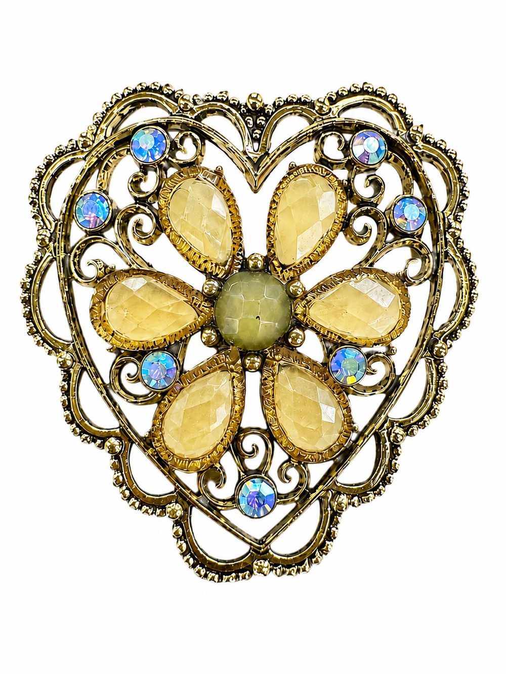 Vintage Gold Tone Heart Brooch Filigree Rhinestone Statement Pin